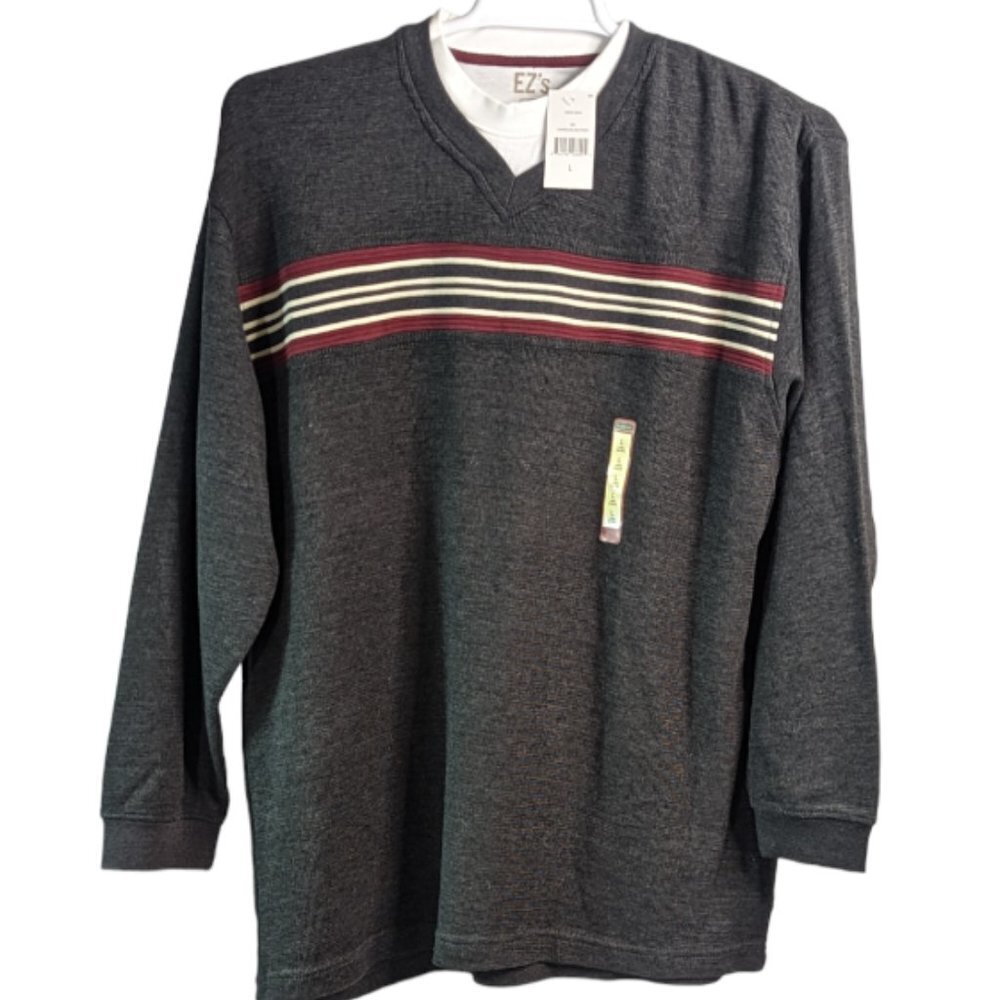 EZ'S HAGGAR Multi Color Stripe Rib Knit V-Neck Long Sleeve Shirt Gray Large